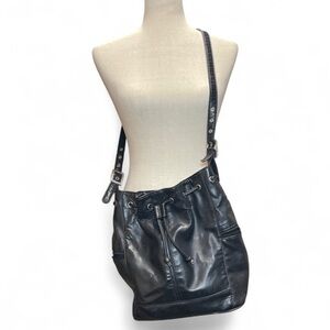 Vtg First Issue Liz Claiborne Drawstring Bucket Bag Black Faux Leather 90s 80s